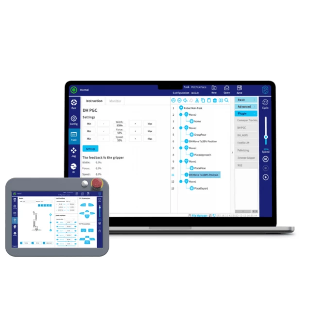 協作機器人圖形化樹狀編程介面 Web 示教軟體與觸控示教器操作畫面