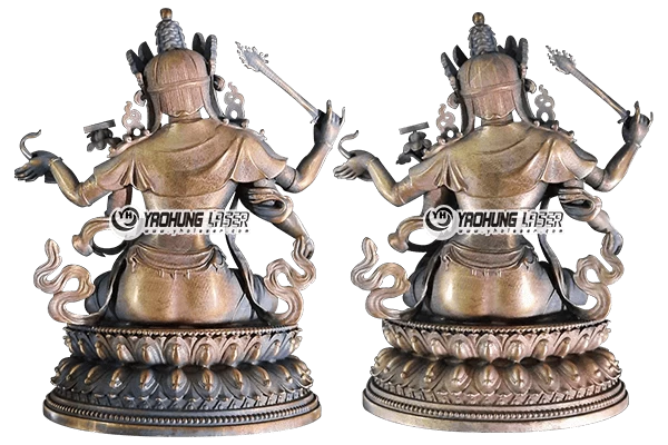 銅像のレーザー精密洗浄前後比較、左は酸化や錆が残り、右は洗浄後の明るい輝きを示し、高効率な表面処理力を証明。