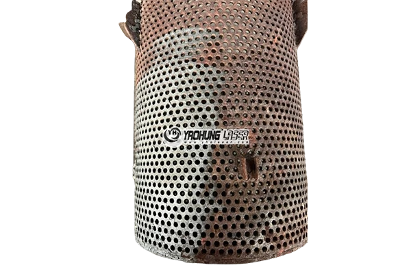 laser rust removal cleaning on perforated metal cylinder
